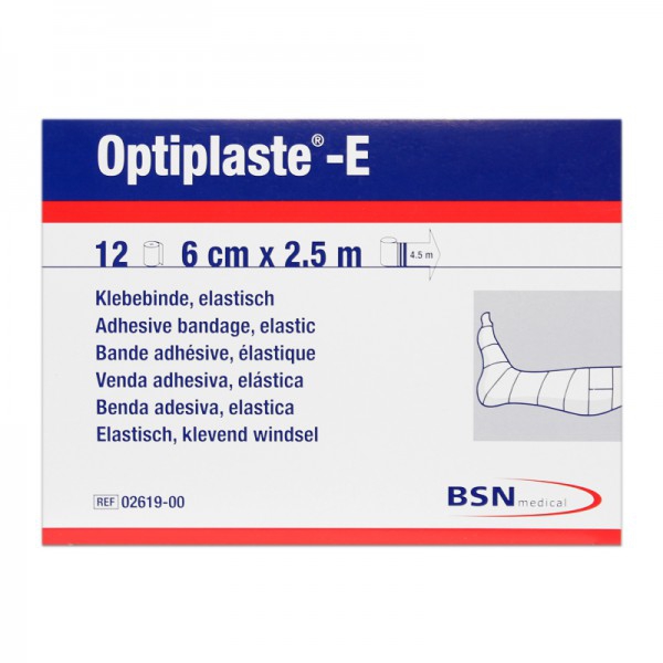 Optiplaste-E (ex-elastoplast-E) 6 cm x 2.5 meters: Elastic adhesive cotton and viscose bandage (Box of 12 units) Optiplaste-E (ex-elastoplast-E) 6 cm x 2.5 meters: Elastic adhesive cotton and viscose bandage (Box of 12 units)
